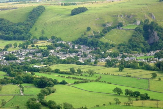 Peveril Castle (top left corner), from the nearby mountains.
