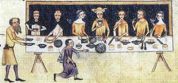 Dinner scene from the Luttrell Psalter (c.1320-1340, Lincolnshire, England)