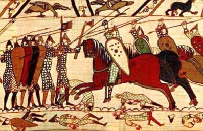 The Bayeux Tapestry (circa 1070, England) depicting the Battle of Hastings