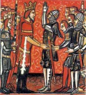 Roland pledging fealty to Charlemagne