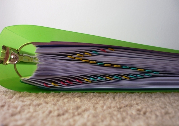 My first draft chapters, bottom to top, colour coded by their revision needs