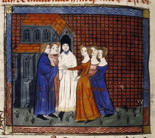 Medieval wedding ceremony (note the location and the bride's dress)