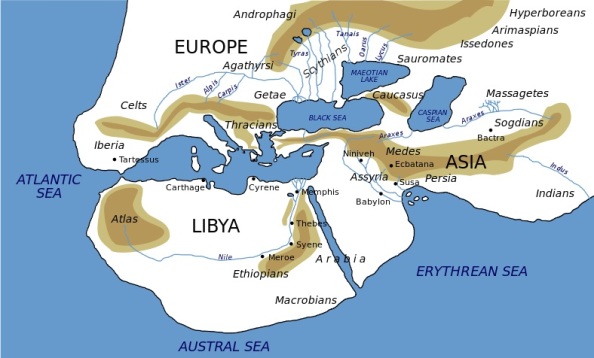 The inhabited world according to Herodotus. The Ancient Greeks called what they knew of Africa "Libya" and the people of its southernmost fringes "Ethiopians" after their dark skin.